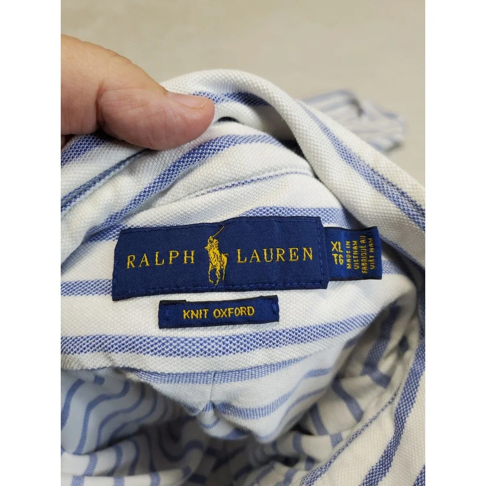 Ralph Lauren Blue Label White Striped Short Sleeve Oxford Knit Polo Top Men XL